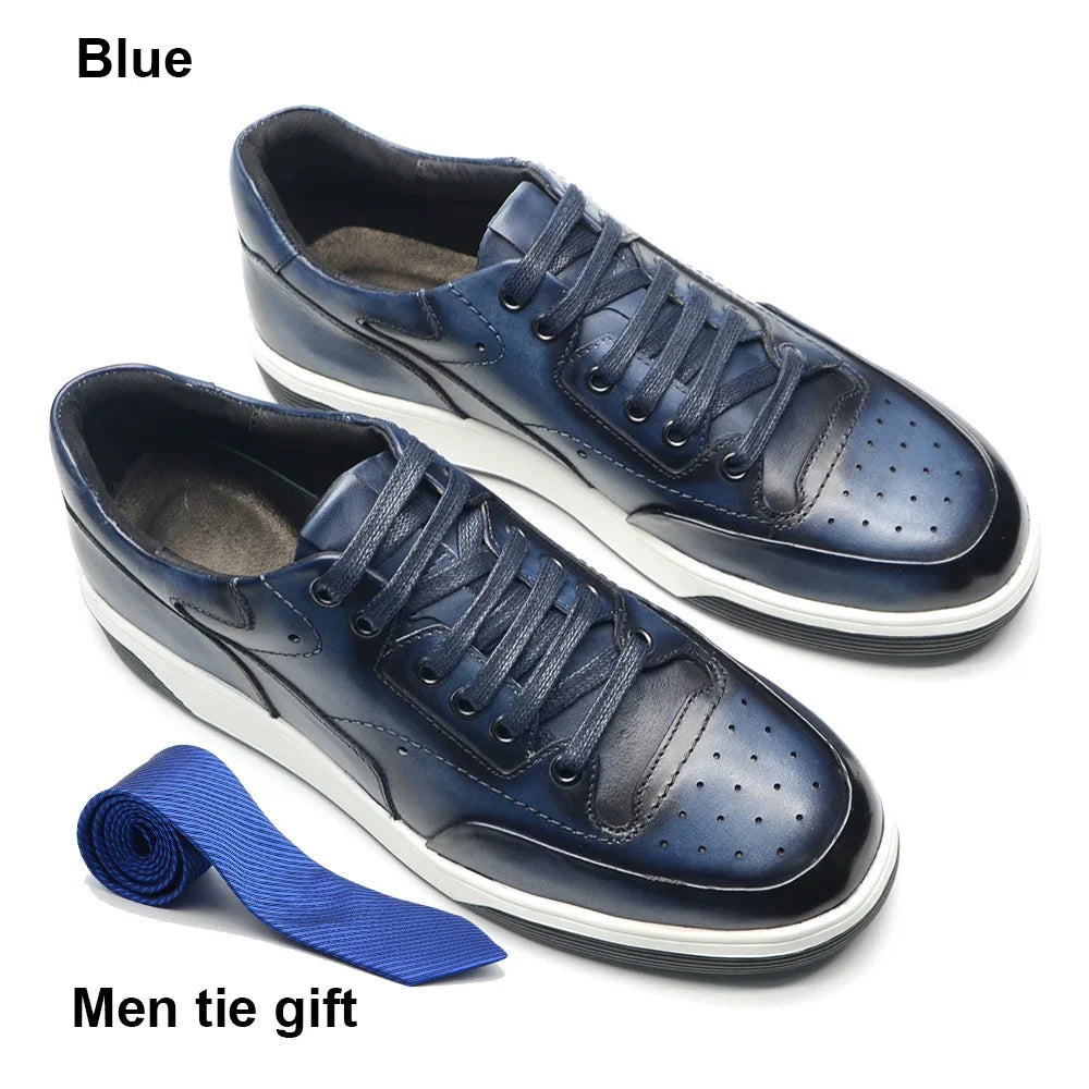 2025 New Genuine Leather Casual Shoes for Men Sneakers Soild Blue Black Sports Style Carved Breathable Business Social Flat Shoe
