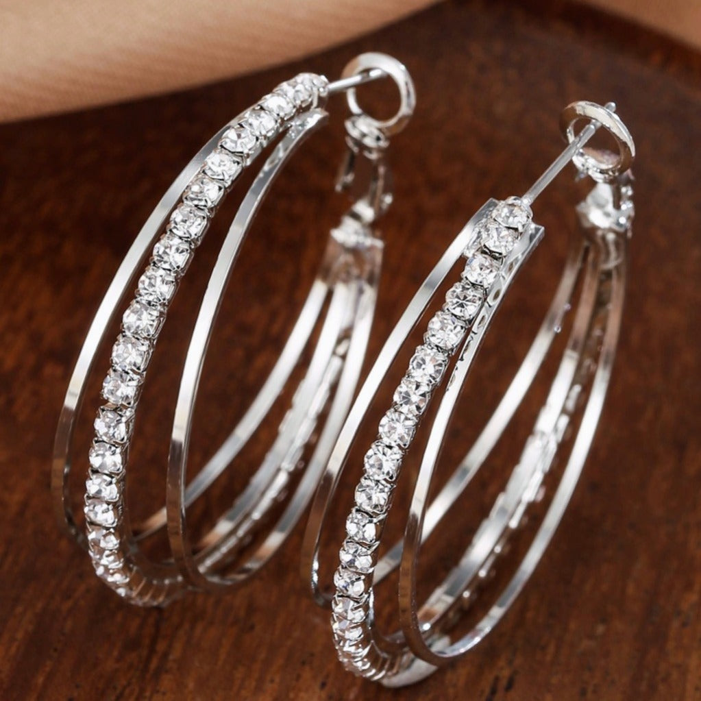 1 Pair Luxury Delicate Multilayer Zirconia Hoop Earrings - Silver Plated, Dainty, Party, Holiday Decor - Perfect Gift for Women and Girls