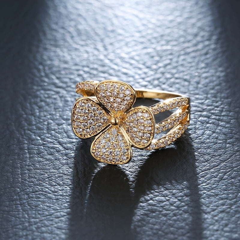 Lucky 4-leaf Clover zirconia Ring 18K Gold Plated Luxury Jewelry Classic Design For Women Girls Decor