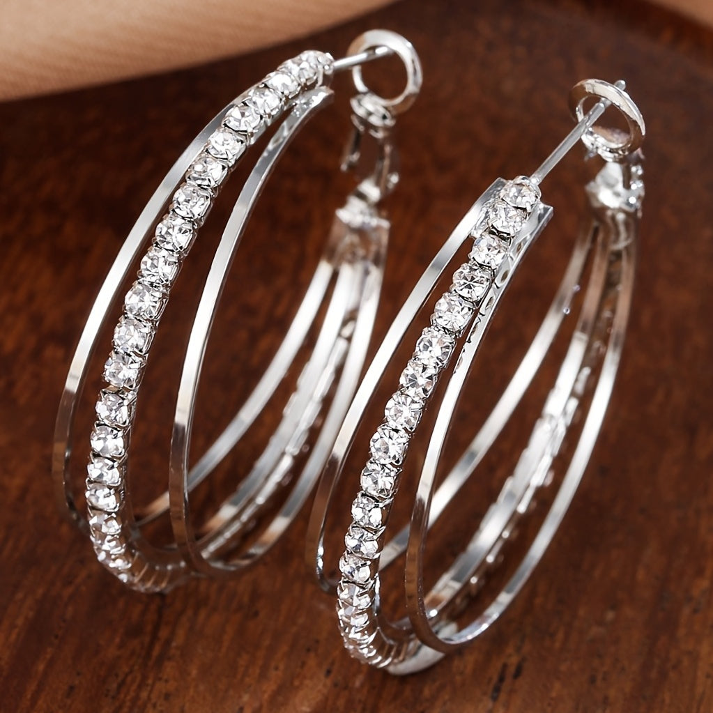 1 Pair Luxury Delicate Multilayer Zirconia Hoop Earrings - Silver Plated, Dainty, Party, Holiday Decor - Perfect Gift for Women and Girls