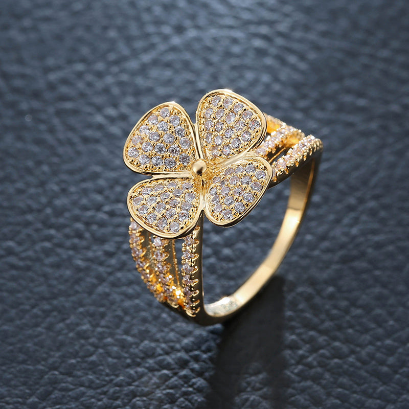 Lucky 4-leaf Clover zirconia Ring 18K Gold Plated Luxury Jewelry Classic Design For Women Girls Decor
