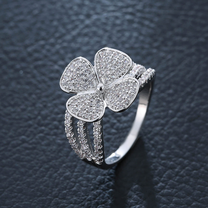 Lucky 4-leaf Clover zirconia Ring 18K Gold Plated Luxury Jewelry Classic Design For Women Girls Decor