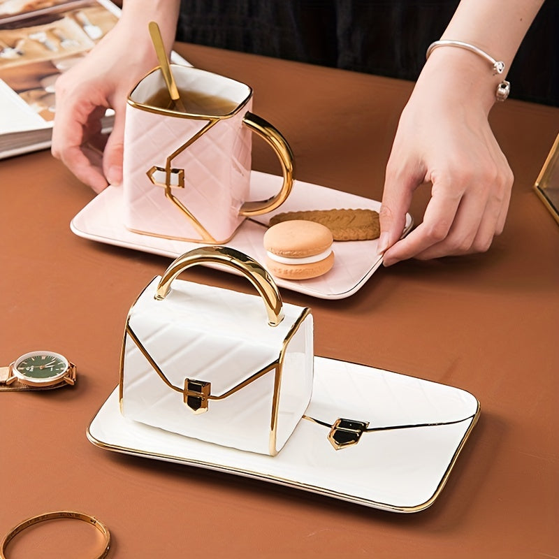Chic 1-Set Ceramic Tea Cup with Saucer - Bag-Inspired Design - Luxury Afternoon Teatime Companion & Teacher Gift