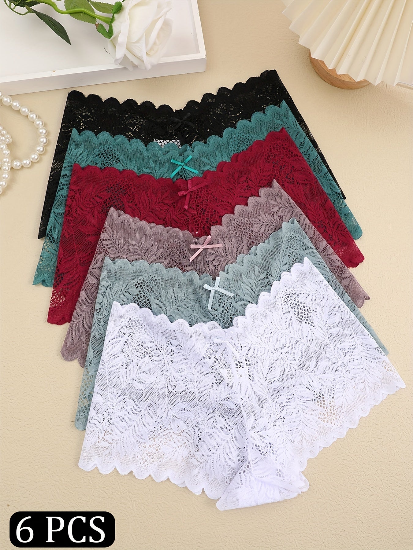 6pcs Delicate Floral Lace Boyshort Panties - Ultra-Breathable & Feminine Scallop Trim Intimates - Comfortable Luxury Lingerie Set for Women