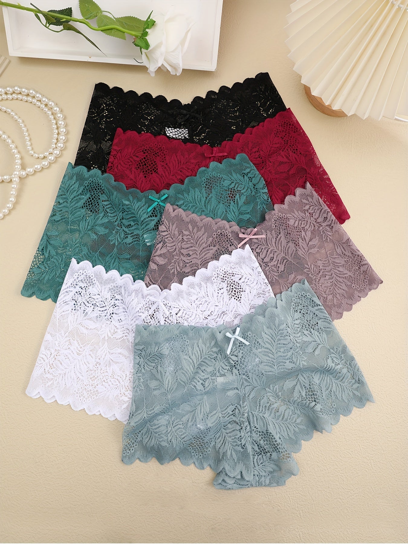 6pcs Delicate Floral Lace Boyshort Panties - Ultra-Breathable & Feminine Scallop Trim Intimates - Comfortable Luxury Lingerie Set for Women
