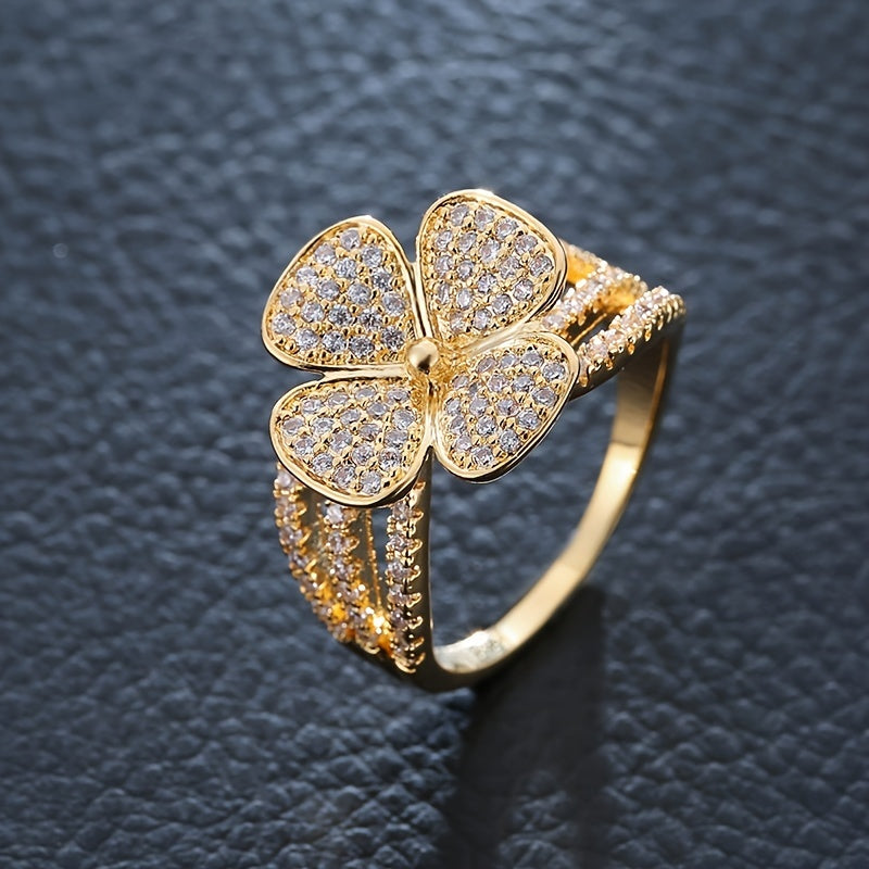 Lucky 4-leaf Clover zirconia Ring 18K Gold Plated Luxury Jewelry Classic Design For Women Girls Decor