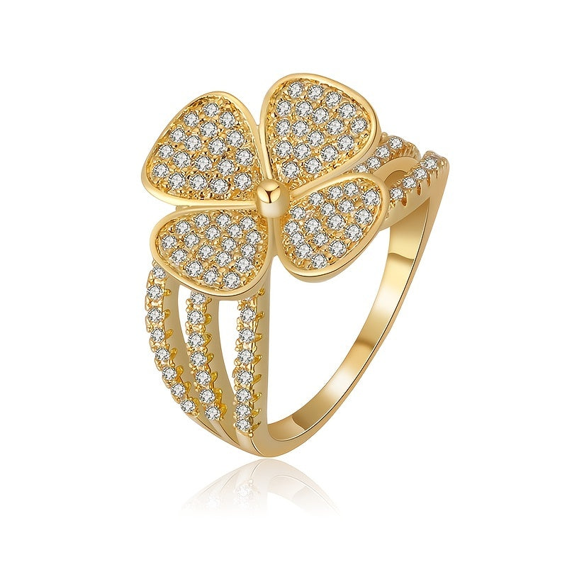 Lucky 4-leaf Clover zirconia Ring 18K Gold Plated Luxury Jewelry Classic Design For Women Girls Decor