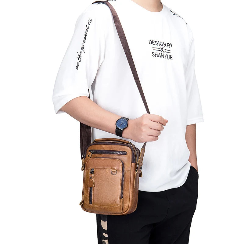 Leather neutral handbag, double-layer large capacity shoulder bag, top layer cowhide crossbody bag, suitable for gift giving