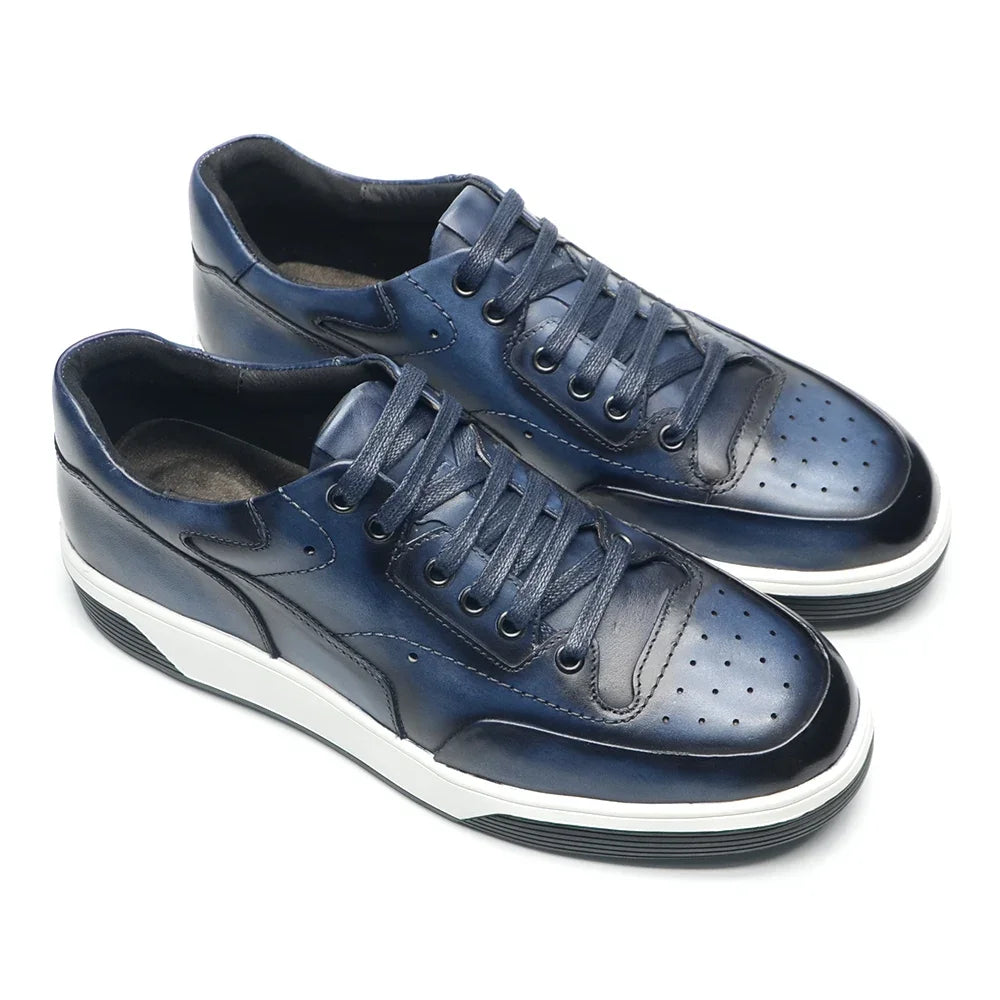 2025 New Genuine Leather Casual Shoes for Men Sneakers Soild Blue Black Sports Style Carved Breathable Business Social Flat Shoe