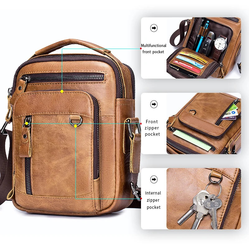 Leather neutral handbag, double-layer large capacity shoulder bag, top layer cowhide crossbody bag, suitable for gift giving