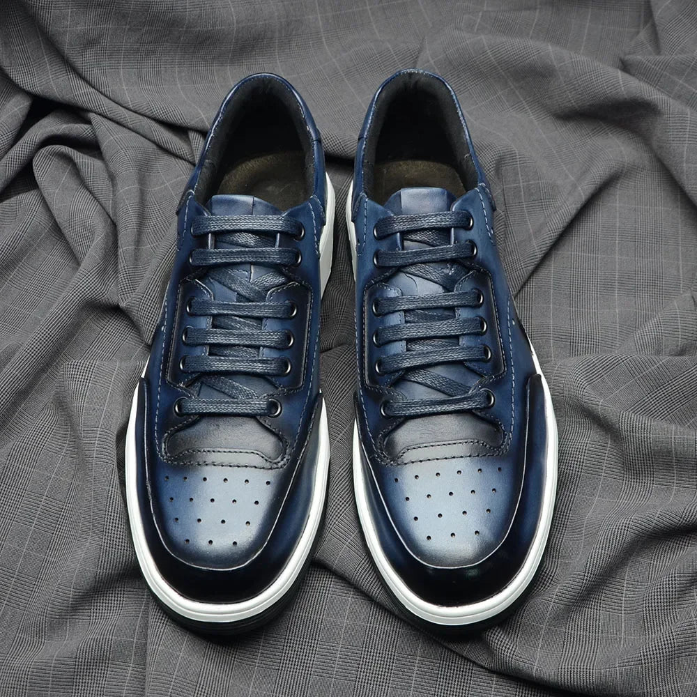 2025 New Genuine Leather Casual Shoes for Men Sneakers Soild Blue Black Sports Style Carved Breathable Business Social Flat Shoe