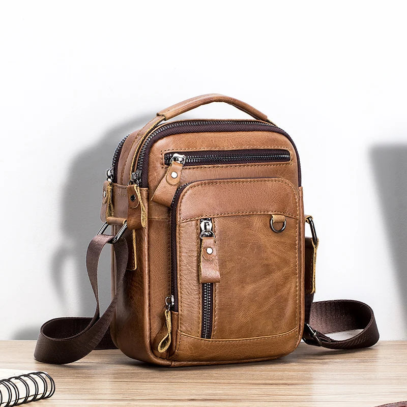 Leather neutral handbag, double-layer large capacity shoulder bag, top layer cowhide crossbody bag, suitable for gift giving