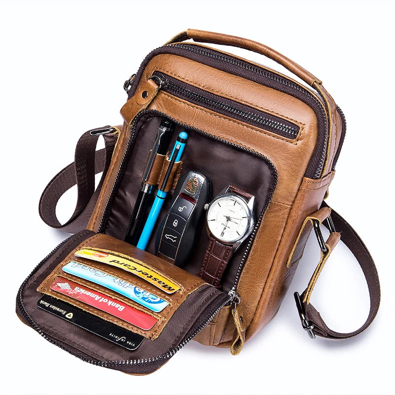 Leather neutral handbag, double-layer large capacity shoulder bag, top layer cowhide crossbody bag, suitable for gift giving