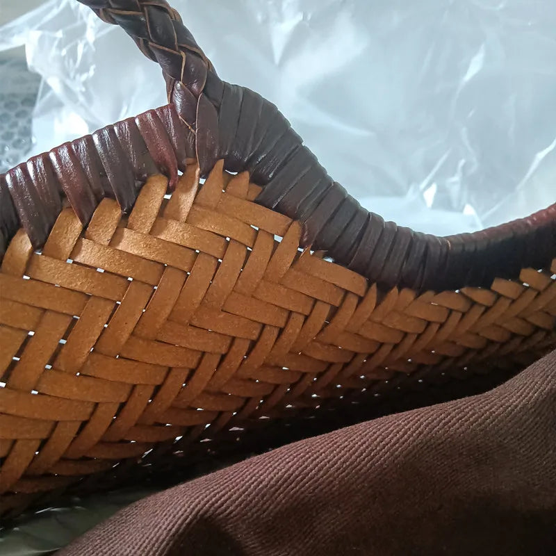 Genuine Leather Hand-woven casual vegetable basket bag with  Woven Inside Bag Vintage Shopping Bag Tote Bag Crossed Tote Bags